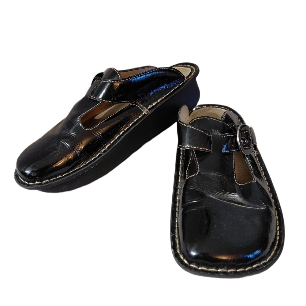 Alegria Lena Black Patent Leather Strap Mule Platform Slip On Shoes Size 5